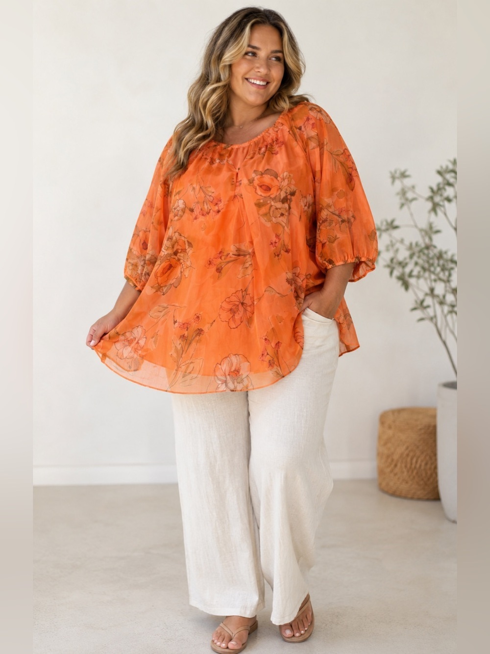 St. John’s Bay 2X Peach Floral Sheer Blouse Boho Peasant Top